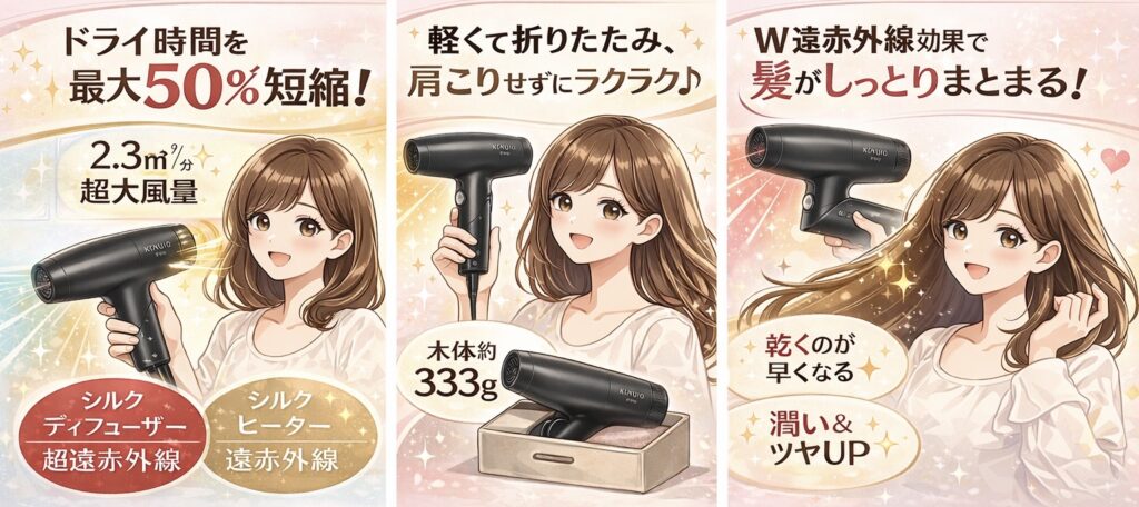 絹女プロドライヤー 50%時短 333g W遠赤外線