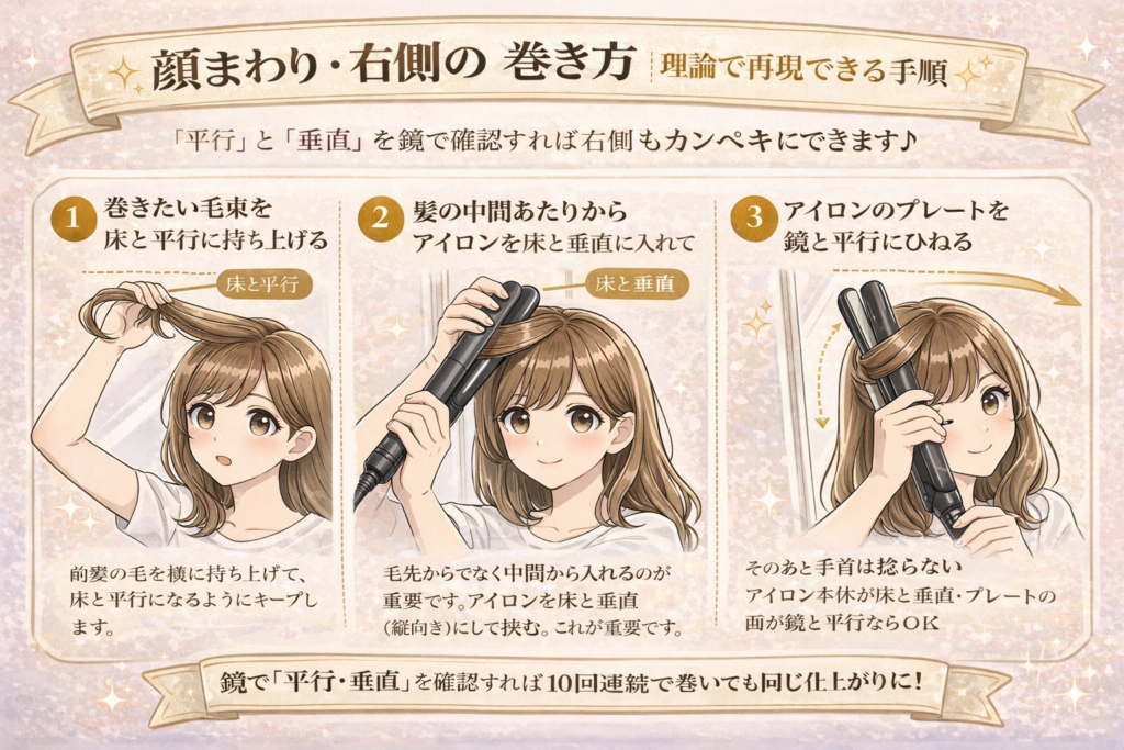 顔まわり右側の巻き方 理論で再現できる手順 平行 垂直