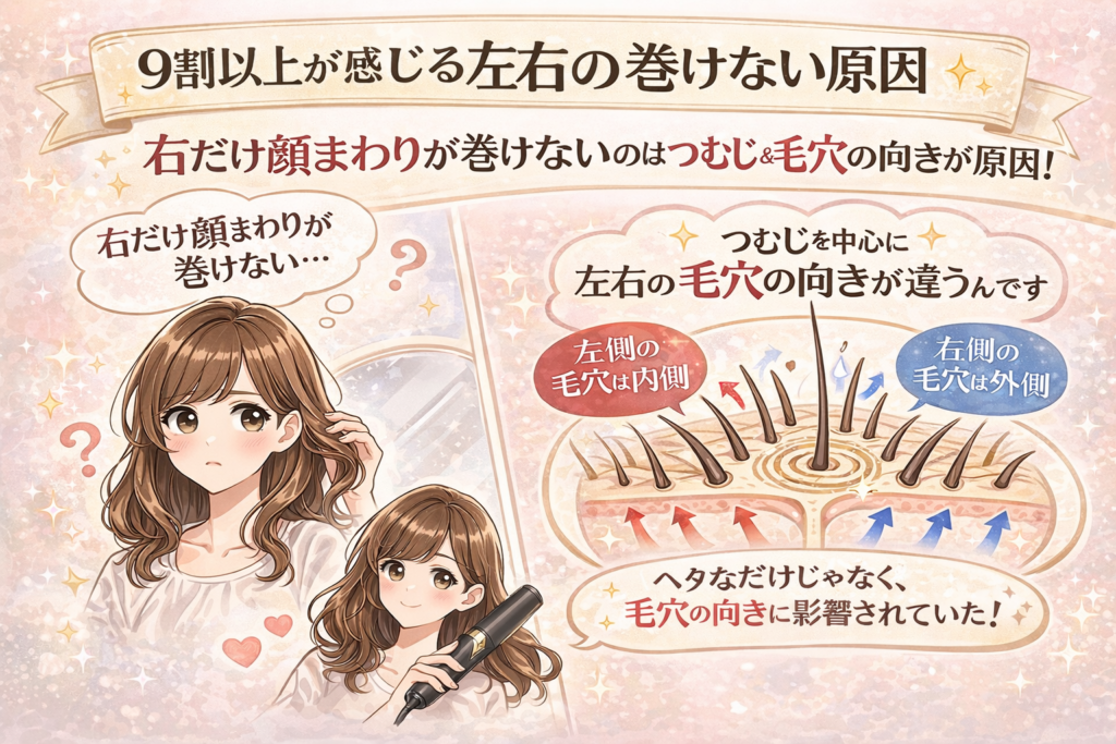 右側だけ顔まわりが巻けない原因 つむじ 毛穴の向き